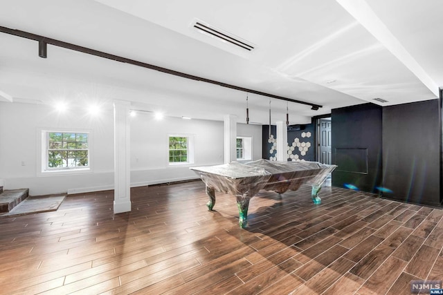 playroom featuring dark hardwood / wood-style flooring, a healthy amount of sunlight, and pool table