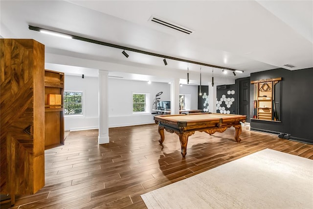 game room featuring dark hardwood / wood-style floors and billiards