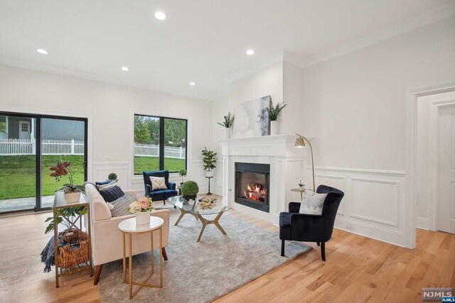 living room featuring light hardwood / wood-style floors and crown molding