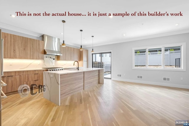 kitchen with plenty of natural light, wall chimney range hood, a kitchen island with sink, and light hardwood / wood-style flooring