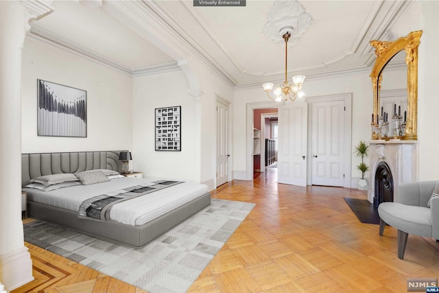 bedroom featuring a notable chandelier, ornamental molding, and light parquet flooring