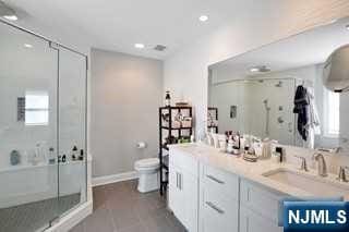 bathroom with vanity, toilet, and walk in shower