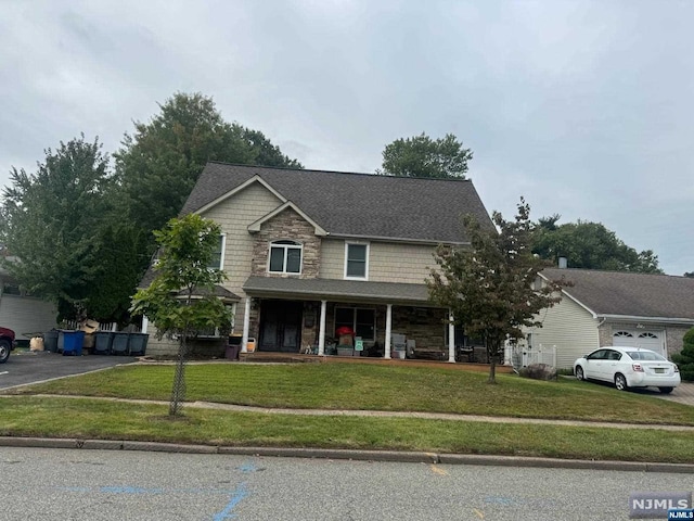 view of front of house with a front yard, a garage, and covered porch