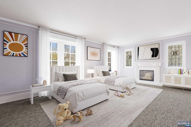 carpeted bedroom featuring ornamental molding