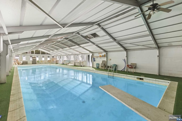 view of pool featuring ceiling fan