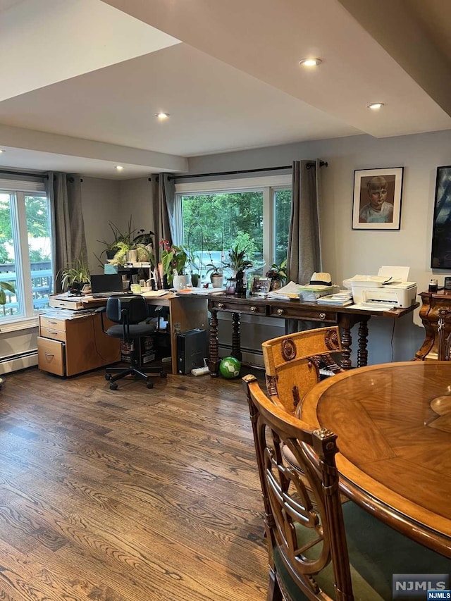 dining space featuring hardwood / wood-style floors, a baseboard heating unit, and a healthy amount of sunlight