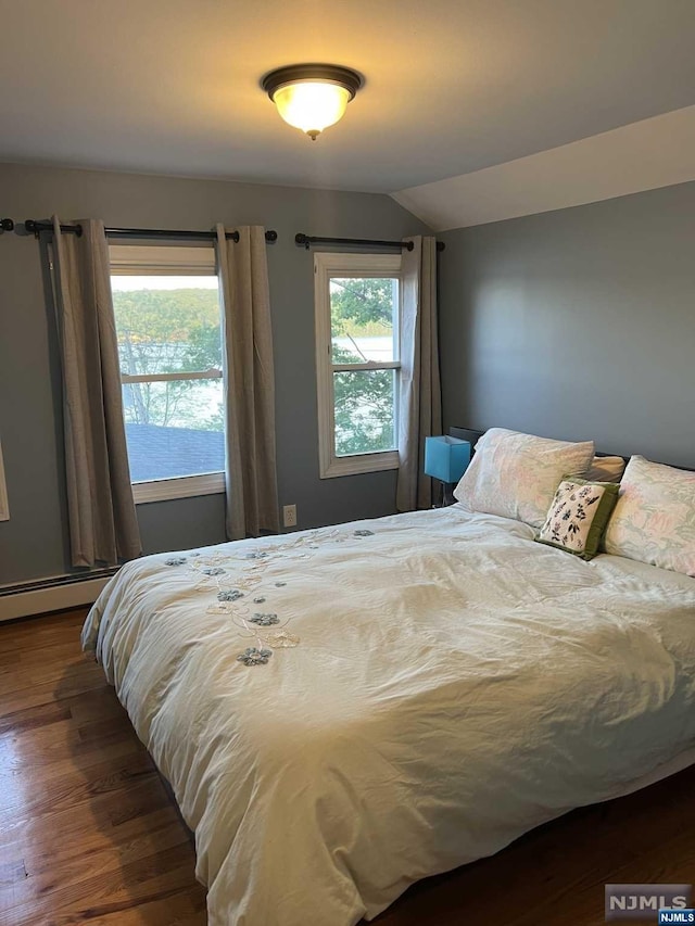 bedroom with dark hardwood / wood-style floors, baseboard heating, and lofted ceiling