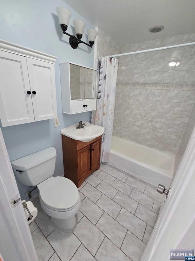 full bathroom with vanity, toilet, and shower / bathtub combination with curtain