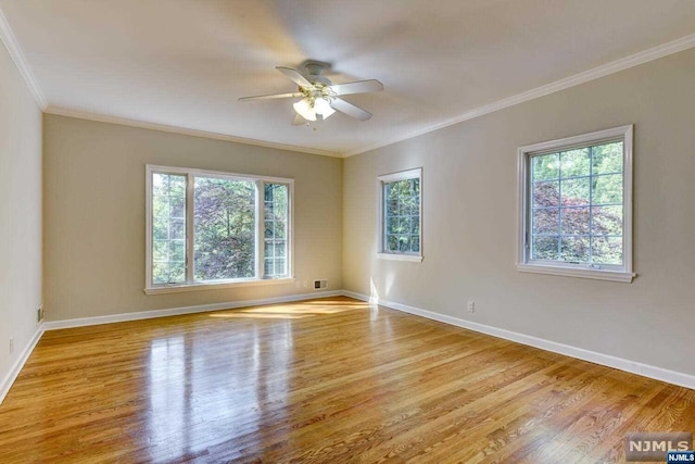 unfurnished room with light hardwood / wood-style floors, a wealth of natural light, crown molding, and ceiling fan