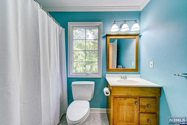 bathroom featuring a shower with curtain, tile patterned flooring, crown molding, toilet, and vanity