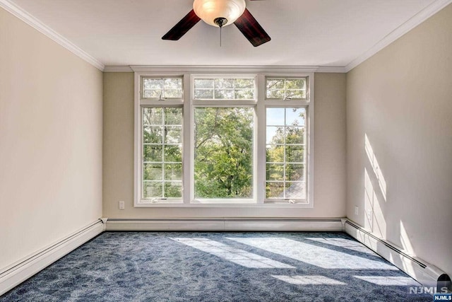 spare room with carpet flooring, ceiling fan, crown molding, and a baseboard heating unit