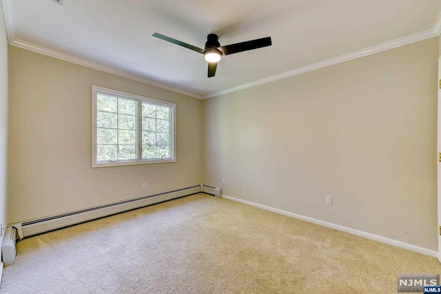 empty room featuring baseboard heating, crown molding, ceiling fan, and light colored carpet