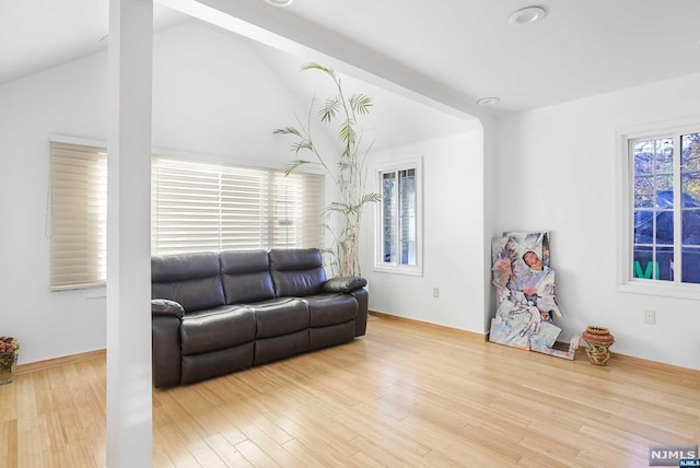 living room with a wealth of natural light, lofted ceiling, and hardwood / wood-style flooring