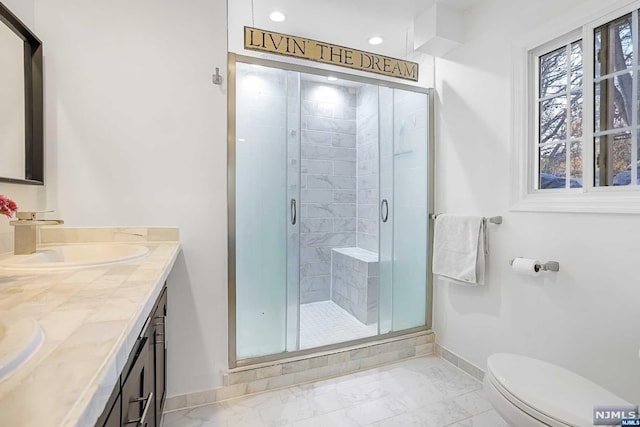 bathroom with vanity, an enclosed shower, and toilet