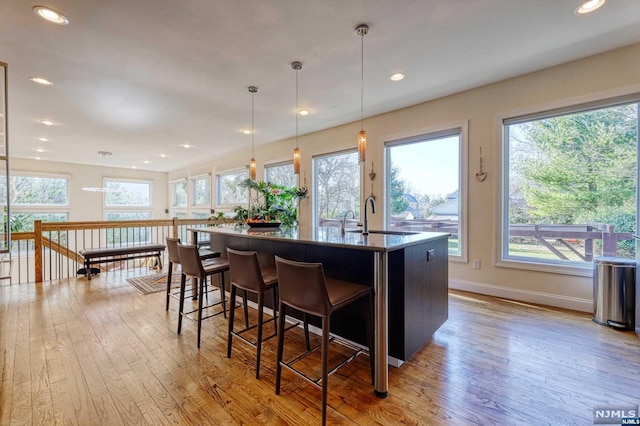 kitchen with pendant lighting, light hardwood / wood-style flooring, and a wealth of natural light