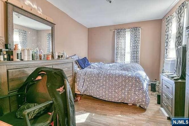 bedroom featuring light hardwood / wood-style floors and multiple windows