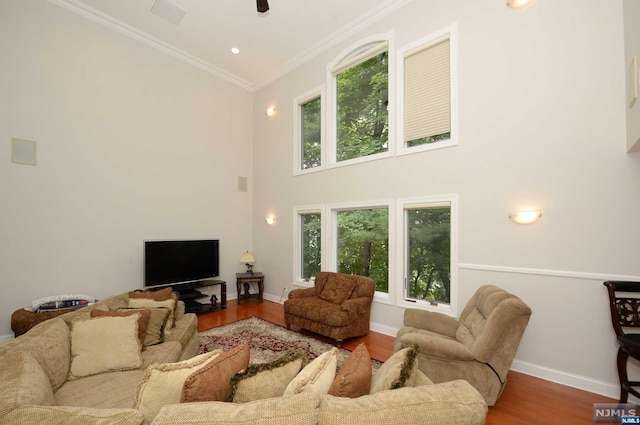 living room with ceiling fan, wood-type flooring, ornamental molding, and a towering ceiling