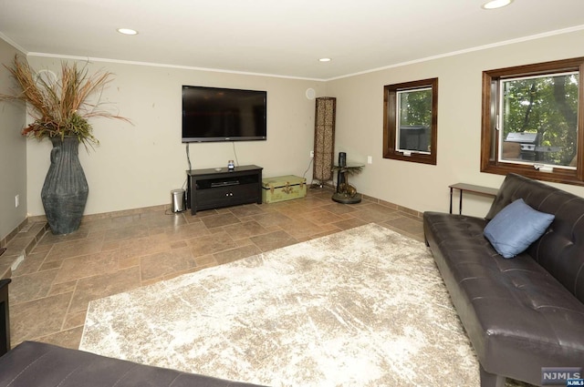 living room with ornamental molding