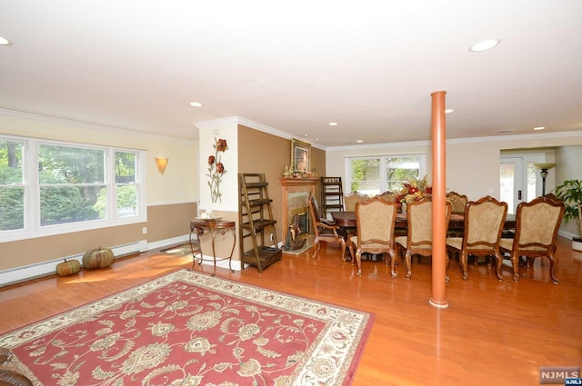 dining space featuring decorative columns, a wealth of natural light, and light hardwood / wood-style flooring