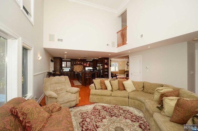 living room featuring wood-type flooring, a high ceiling, and ornamental molding