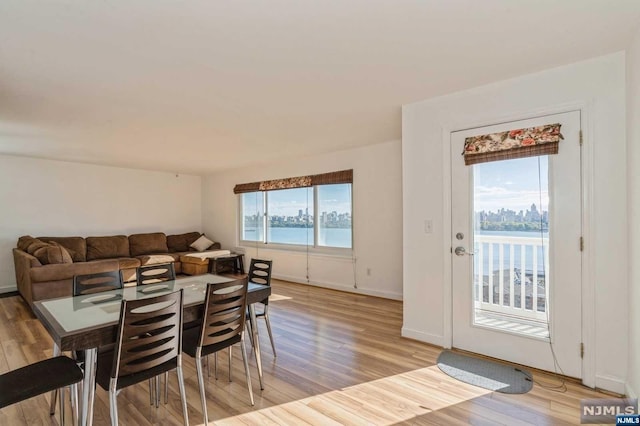 dining room with a wealth of natural light, a water view, and light hardwood / wood-style floors