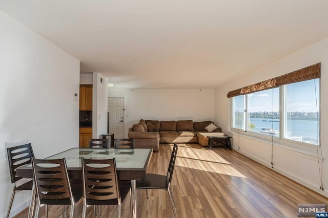 dining room with a water view and light hardwood / wood-style floors