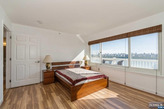 bedroom with a water view and light hardwood / wood-style floors