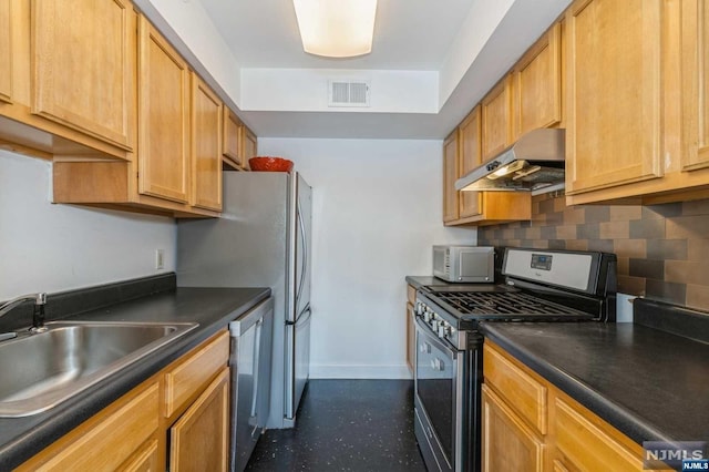 kitchen featuring decorative backsplash, appliances with stainless steel finishes, sink, and exhaust hood