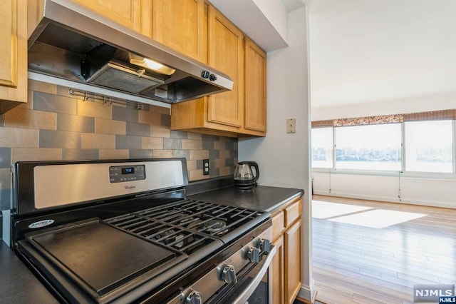 kitchen featuring light hardwood / wood-style floors, tasteful backsplash, exhaust hood, and stainless steel range with gas stovetop