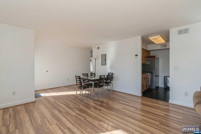 unfurnished dining area with light wood-type flooring and electric panel