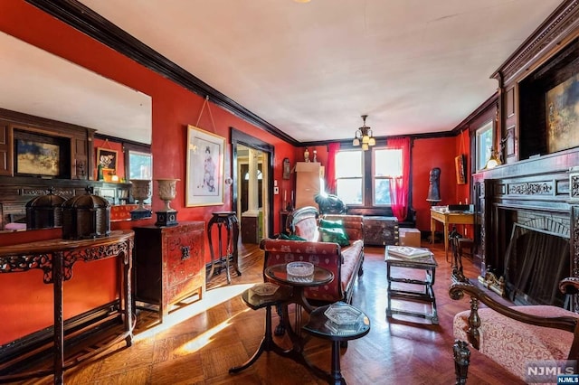 living room with a fireplace, parquet flooring, and crown molding