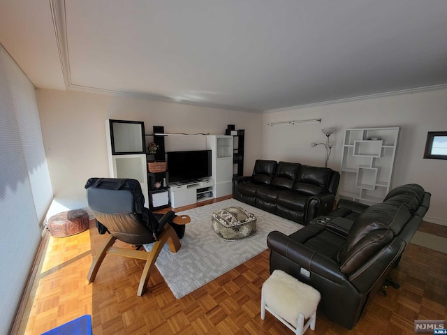 living room with parquet floors and crown molding