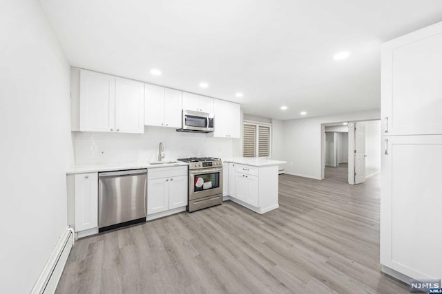 kitchen featuring kitchen peninsula, appliances with stainless steel finishes, light wood-type flooring, and white cabinetry