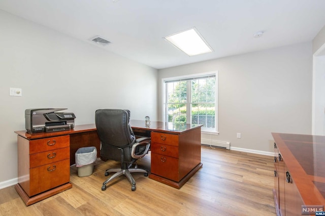 office space with baseboard heating and light hardwood / wood-style flooring