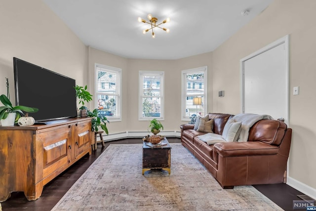 living room featuring a chandelier and dark hardwood / wood-style flooring