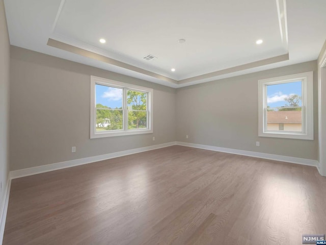 unfurnished room with hardwood / wood-style floors, a wealth of natural light, and a tray ceiling