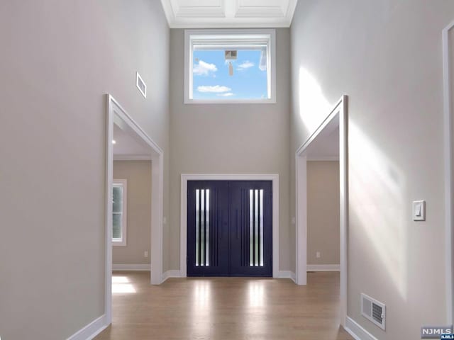 foyer entrance featuring light wood-type flooring and a towering ceiling