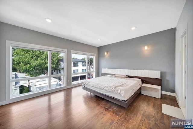 bedroom featuring multiple windows and dark hardwood / wood-style flooring