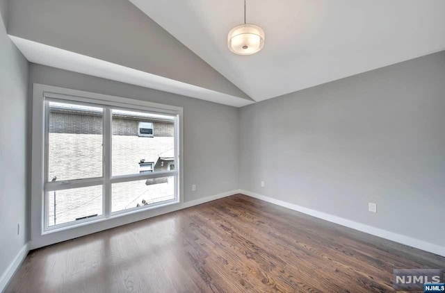 spare room featuring lofted ceiling and dark wood-type flooring