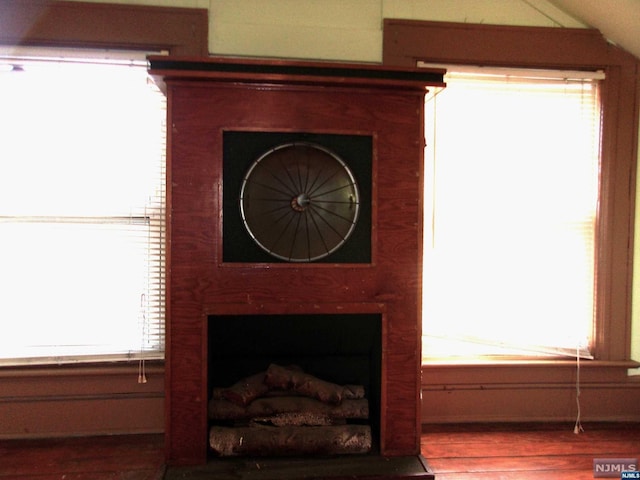 room details featuring a fireplace and wood finished floors