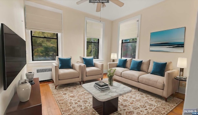 living room with ceiling fan, light hardwood / wood-style floors, and radiator