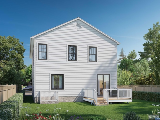 rear view of house featuring a deck and a lawn