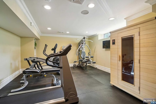 exercise room with crown molding