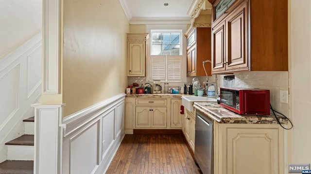 kitchen featuring sink, dishwasher, dark wood-type flooring, backsplash, and ornamental molding