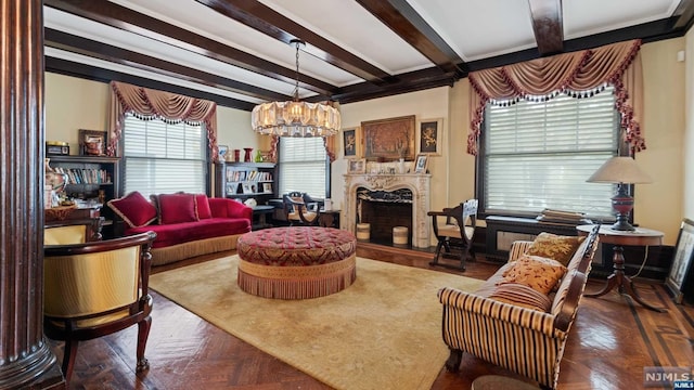 living room with beamed ceiling, dark parquet floors, and a notable chandelier