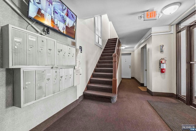 stairway with mail boxes, carpet, and ornamental molding