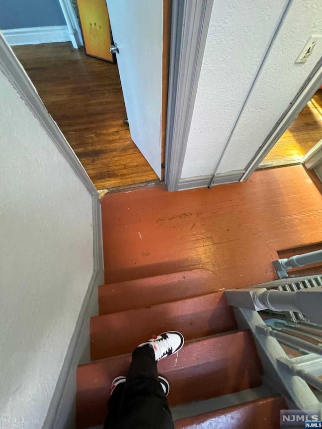 staircase featuring wood-type flooring