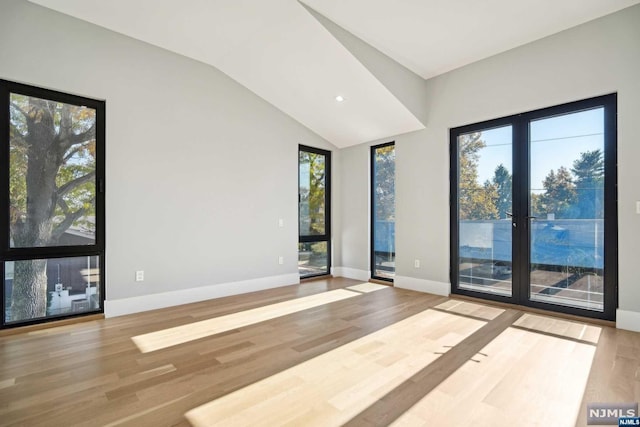 unfurnished room featuring a healthy amount of sunlight, lofted ceiling, and hardwood / wood-style flooring