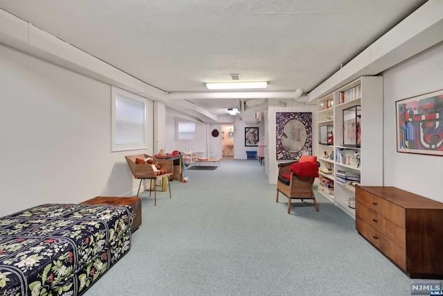 interior space with carpet and a textured ceiling