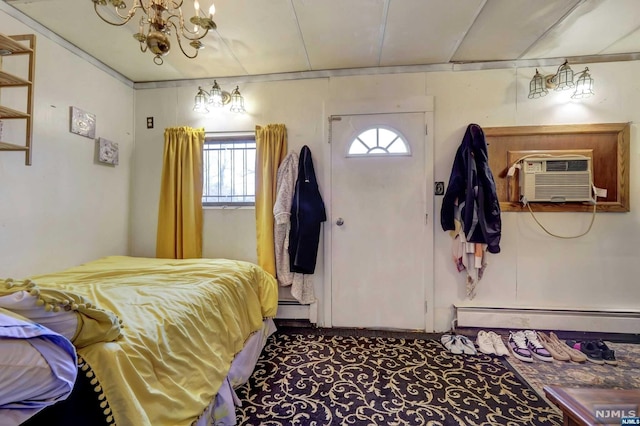 bedroom featuring a chandelier, carpet flooring, a wall unit AC, and baseboard heating